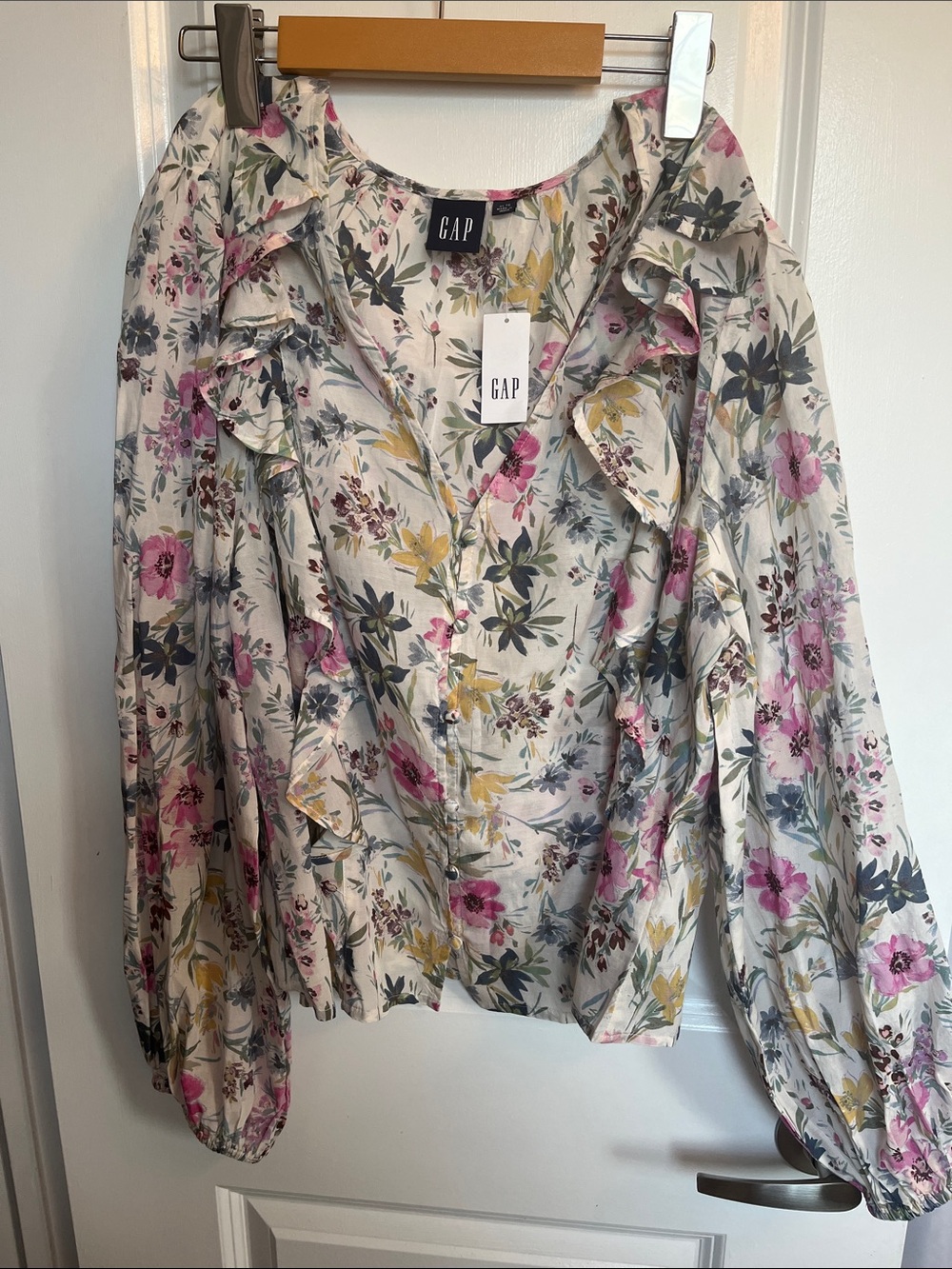 GAP Rayon/Viscose/Cotton Floral Ruffle Button-Front Blouse
